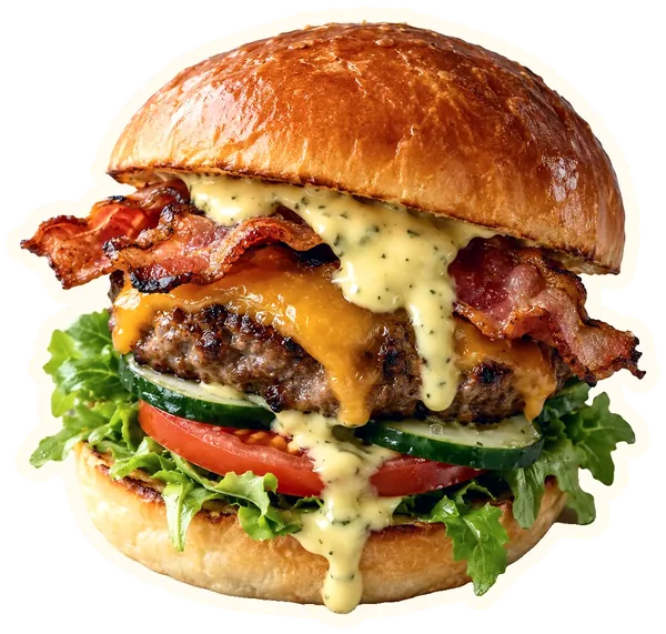 Katie's burger met rund, cheddar, bacon en béarnaise.