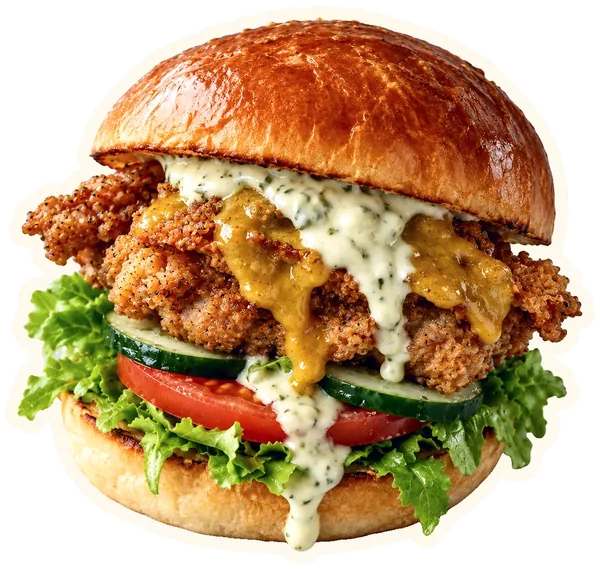 Kippenburger met stukjes kip, curry en tartaar.