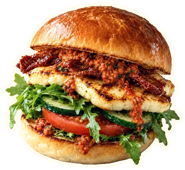 Veggieburger met halloumi, zongedroogde tomaat en rucola.